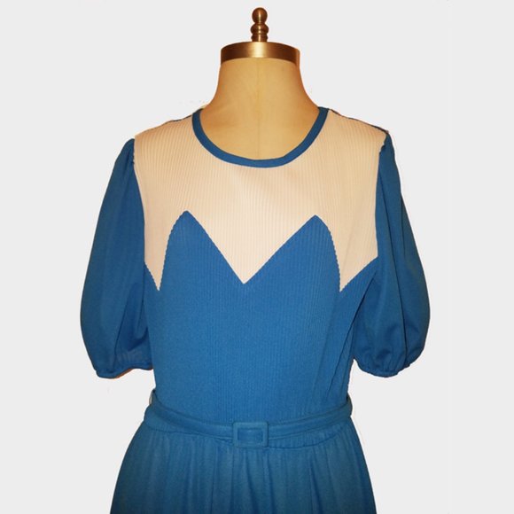 Vtg 70s Puff Sleeve Pleated Top Waist Tie Dress 16 - Picture 2 of 6